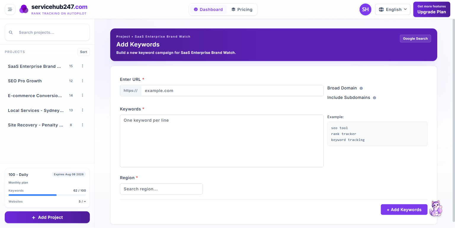 Add Keywords form with URL input, bulk keyword textarea, broad domain toggle, and country region selector